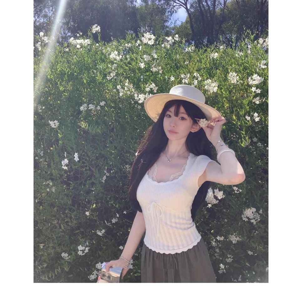 🔅夏季蕾絲收腰繫帶短袖針織衫-規格圖1