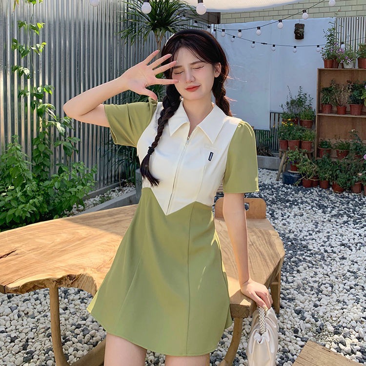🔅 夏季撞色拼接POLO領收腰連衣裙-規格圖1