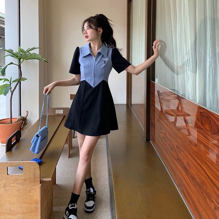 🔅 夏季撞色拼接POLO領收腰連衣裙-規格圖1