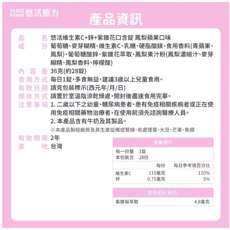 悠活原力 維生素C+鋅＋紫錐花 口含錠 鳳梨蘋果口味（28錠/1包)維他命C 新包裝-細節圖4