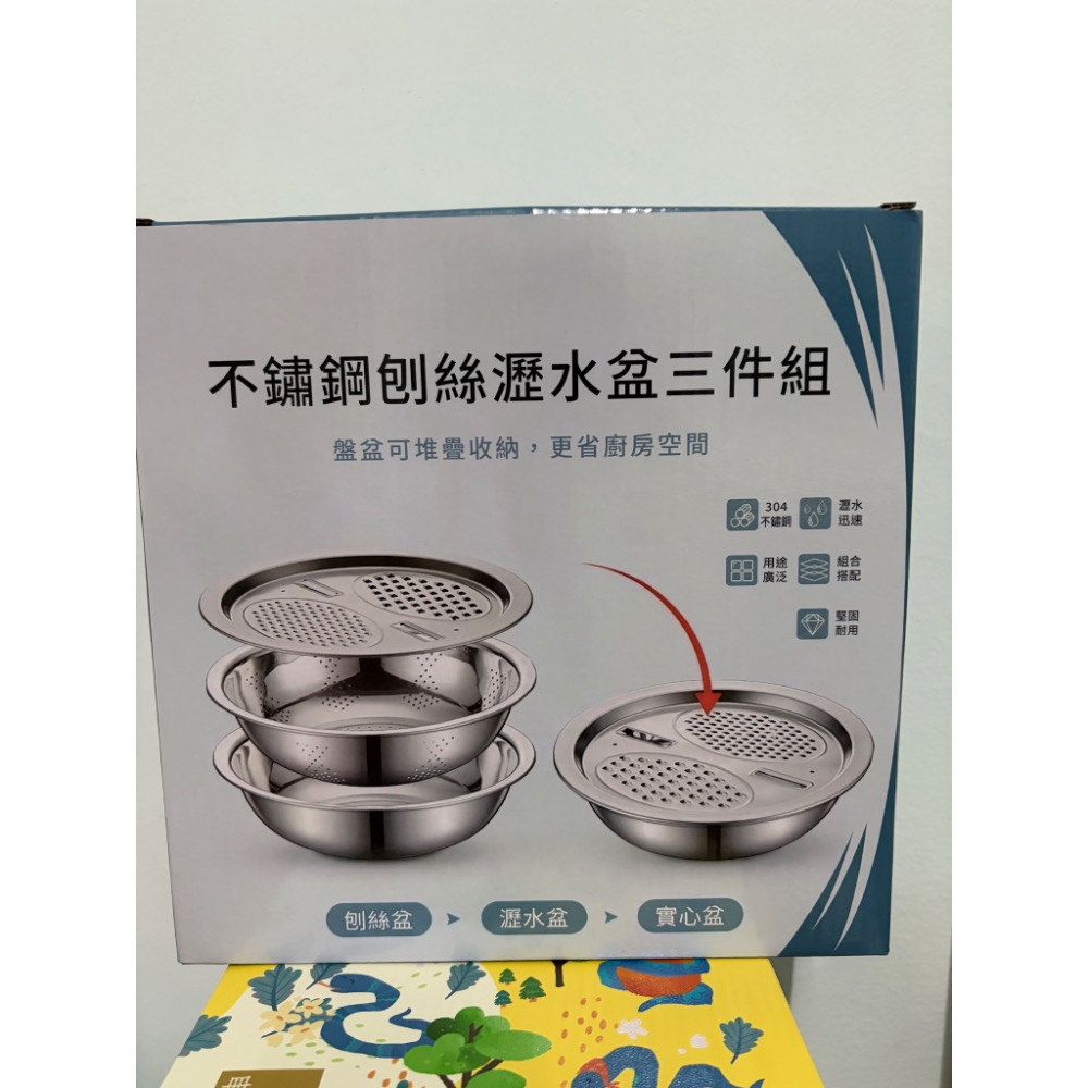 家樂福 不鏽鋼刨絲瀝水盆三件組 全新-細節圖2