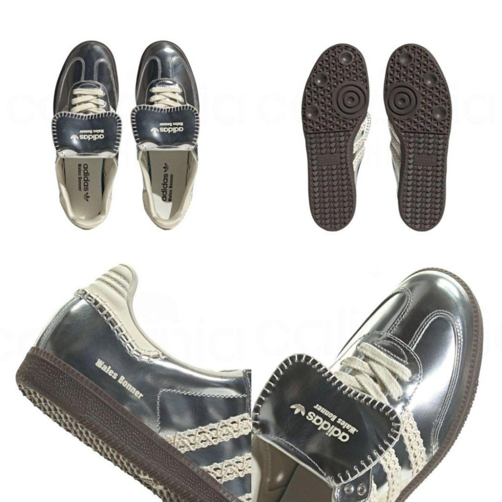 adi X WALES聯名款休閒鞋 銀白色｜液態銀｜銀色｜蕾絲｜咖啡底｜皮革｜平底鞋｜男女通用款鞋-細節圖6