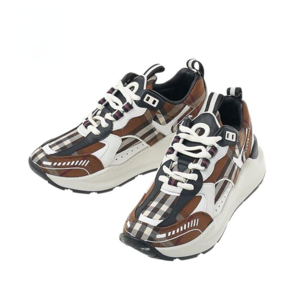 Bur 格紋拼牛皮綁帶運動鞋｜棕白色｜樺木棕｜白色｜黑色｜格紋｜皮革｜增高鞋｜休閒鞋｜老爹鞋｜男女款通用鞋-細節圖5