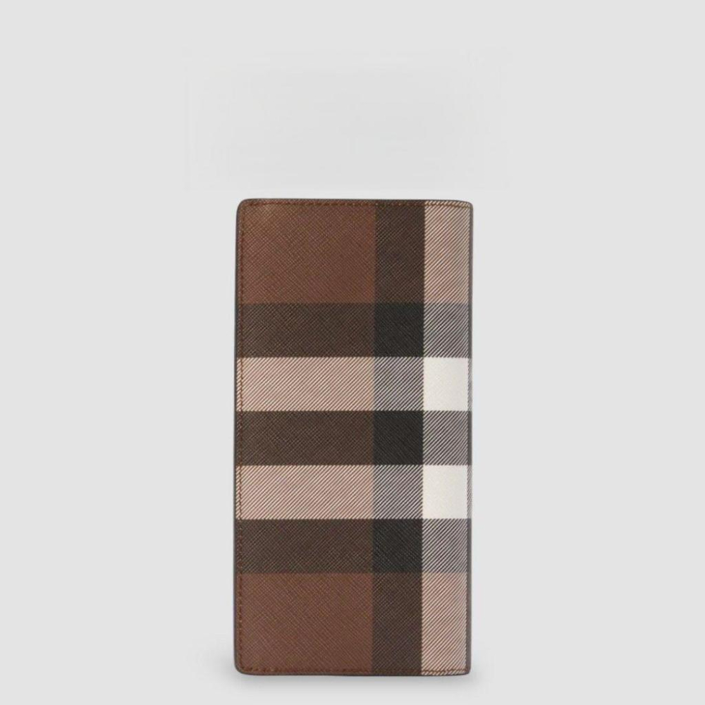 Check and Leather Continental Wallet 品牌字母徽標 經典格紋皮革長夾｜暗樺木棕色-細節圖2