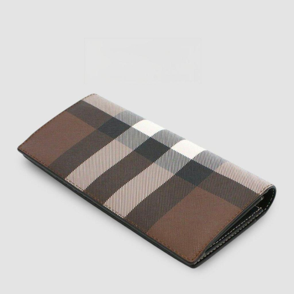 Check and Leather Continental Wallet 品牌字母徽標 經典格紋皮革長夾｜暗樺木棕色-細節圖3