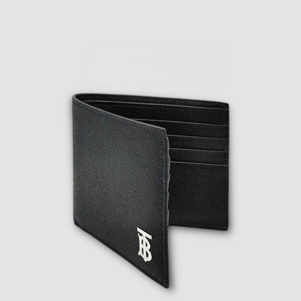 Check and Leather Bifold Wallet TB字樣粒面皮革雙折皮夾｜黑色｜荔枝紋｜TB金屬字樣-細節圖3
