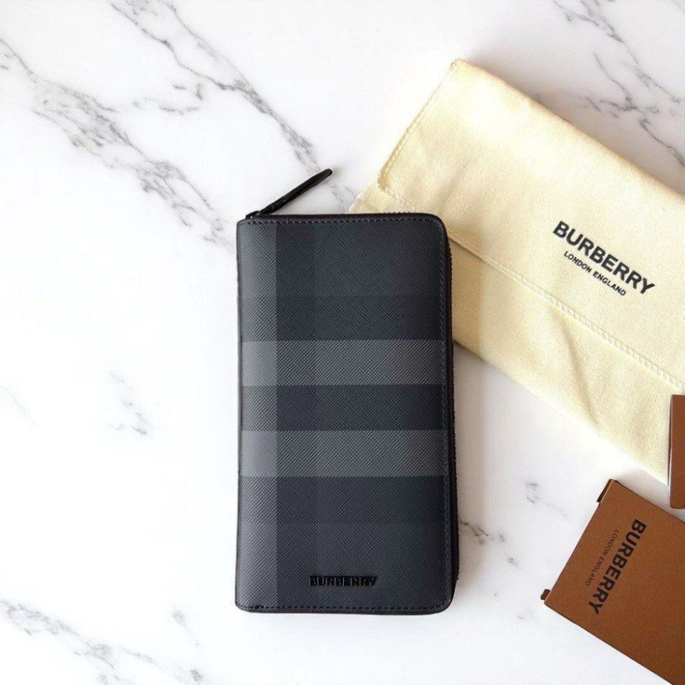 Bur Check zip wallet charcoal gray炭灰色格紋拉鍊錢夾｜品牌字母立體徽標皮革拉鍊長夾-細節圖9