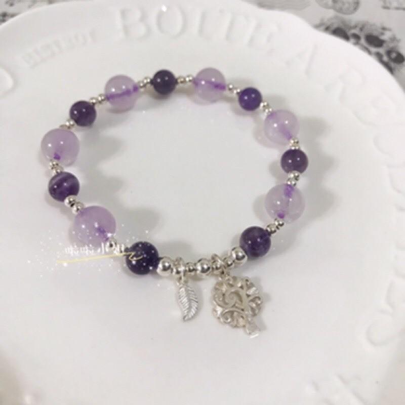 （啦啦小姐）天然石水晶設計手鍊，夢幻紫水晶，薰衣草紫水晶，925純銀手鍊，葉子愛心樹純銀-細節圖2