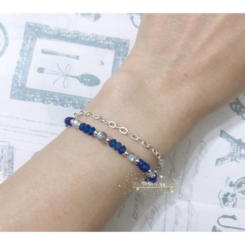 （啦啦小姐）天然水晶手鍊，藍玉髓，拉長石，925純銀，雙條式手鍊-細節圖2