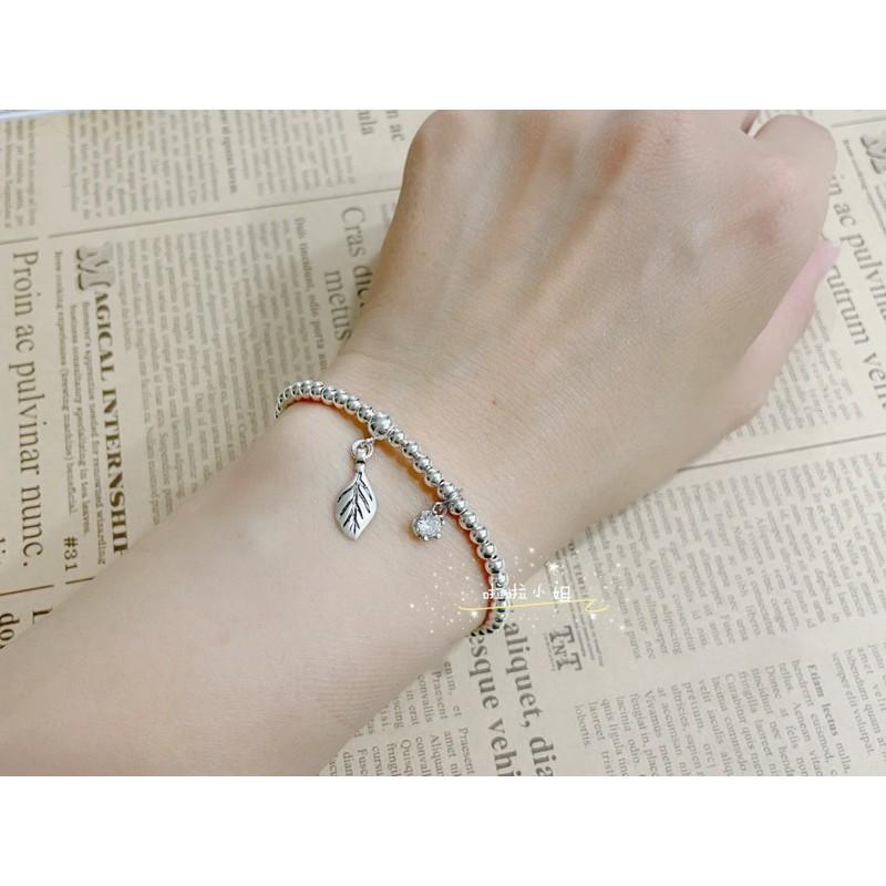 （啦啦小姐）925純銀手鍊，葉子鋯石水鑽手鍊，銀珠手鍊，設計款，韓系氣質手鍊-細節圖2