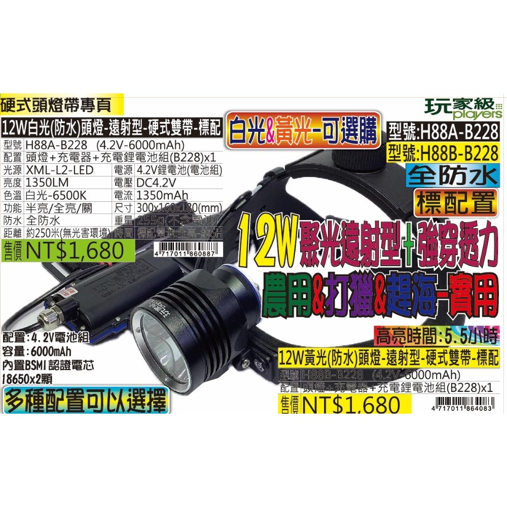 玩家級-H88A-12W白光(防水)頭燈-遠射型-硬式雙帶-規格圖5