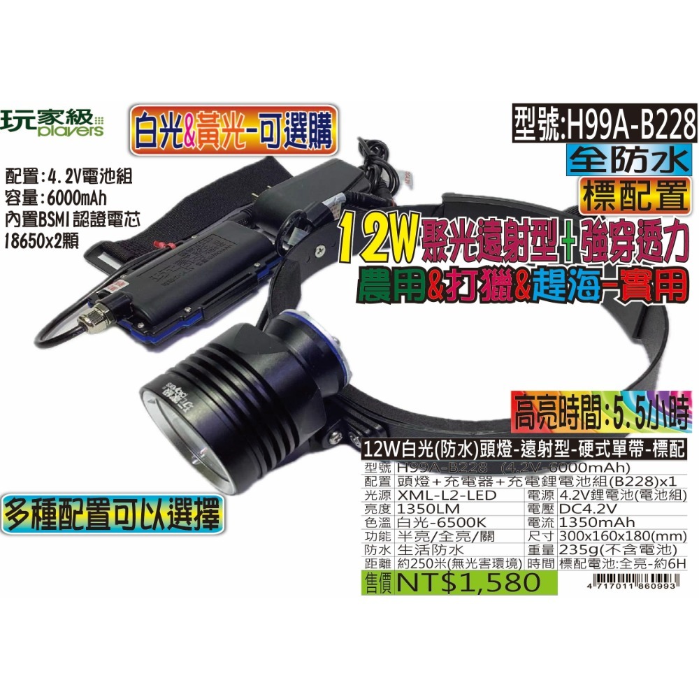 玩家級-H99A-12W白光(防水)頭燈-遠射型-硬式單帶-規格圖5