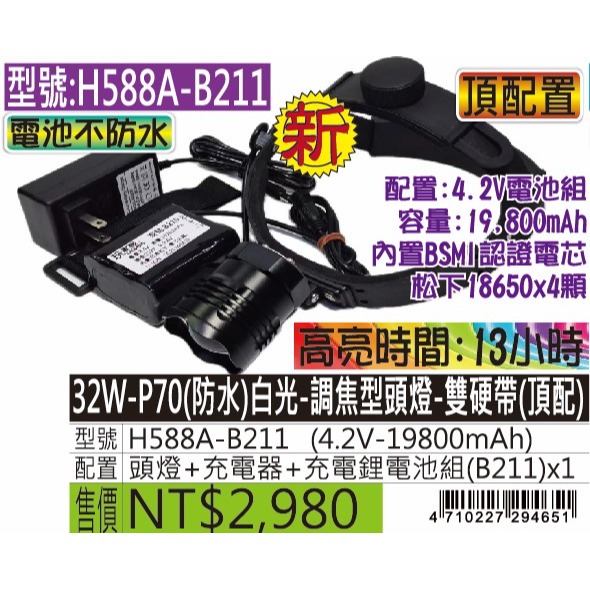 H588A-32W-P70(防水)白光-調焦型頭燈-雙硬帶-規格圖5