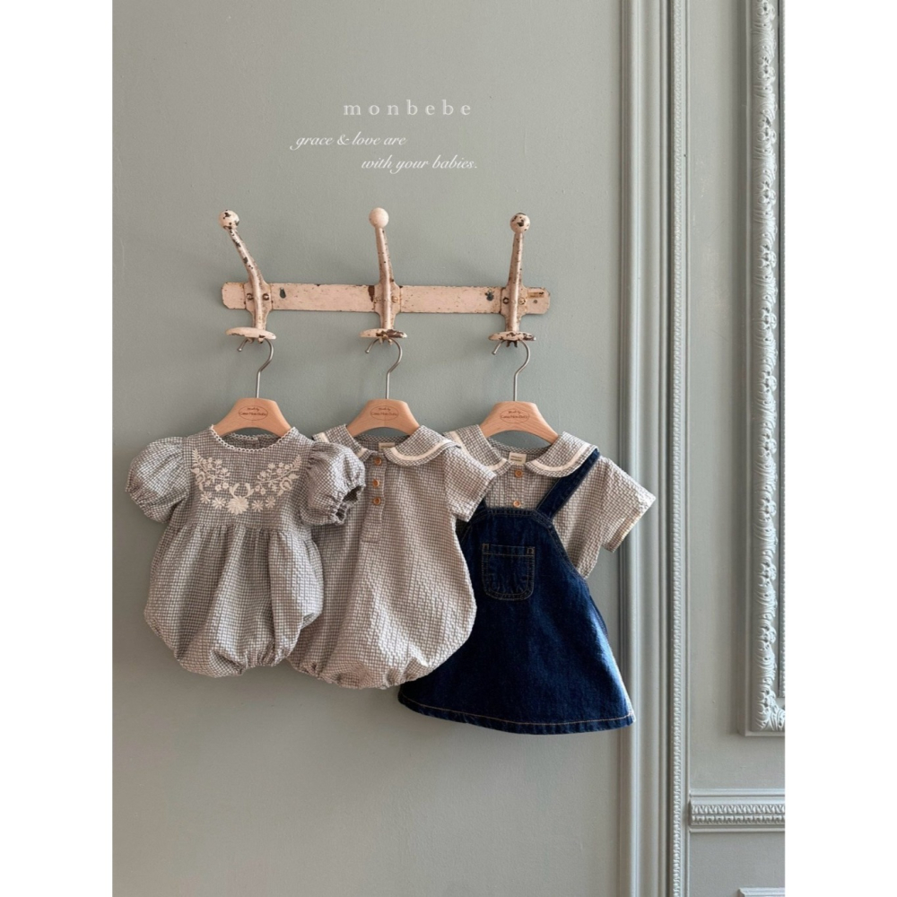 26春 正韓 monbebe 清新刺繡 格紋洋裝 baby款-細節圖7