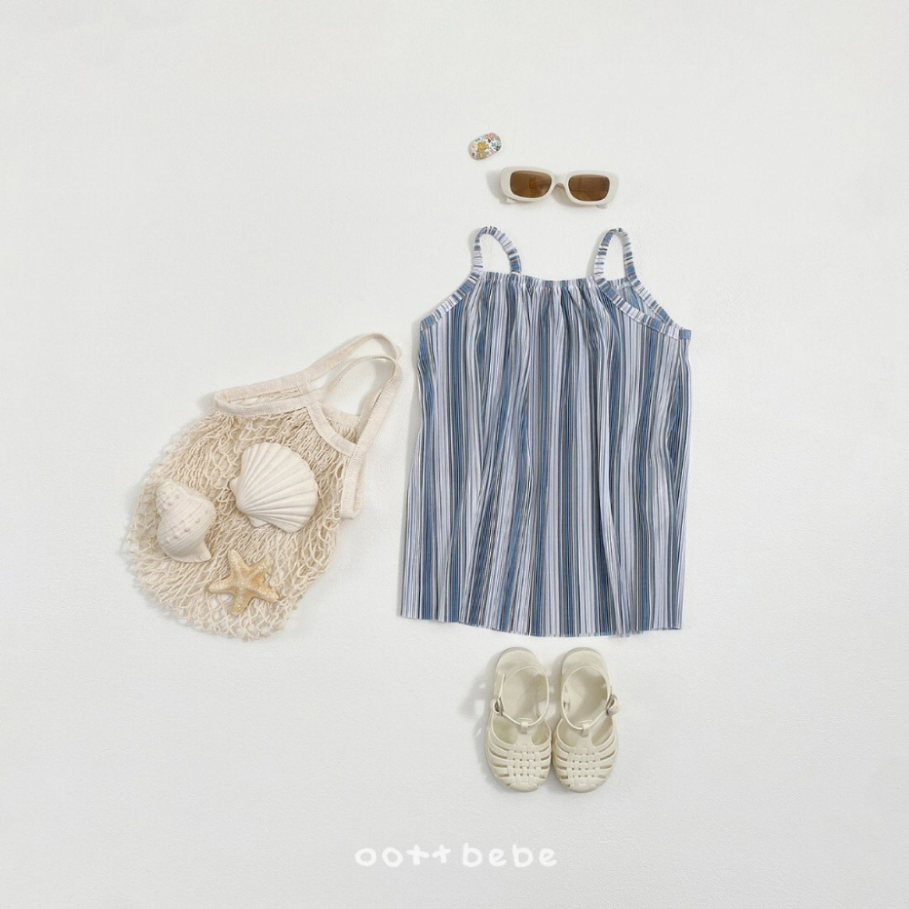 26夏 正韓 OOTTBEBe｜Soft Daily｜皺皺直條 細肩帶洋裝 幼童/Mom款-細節圖2