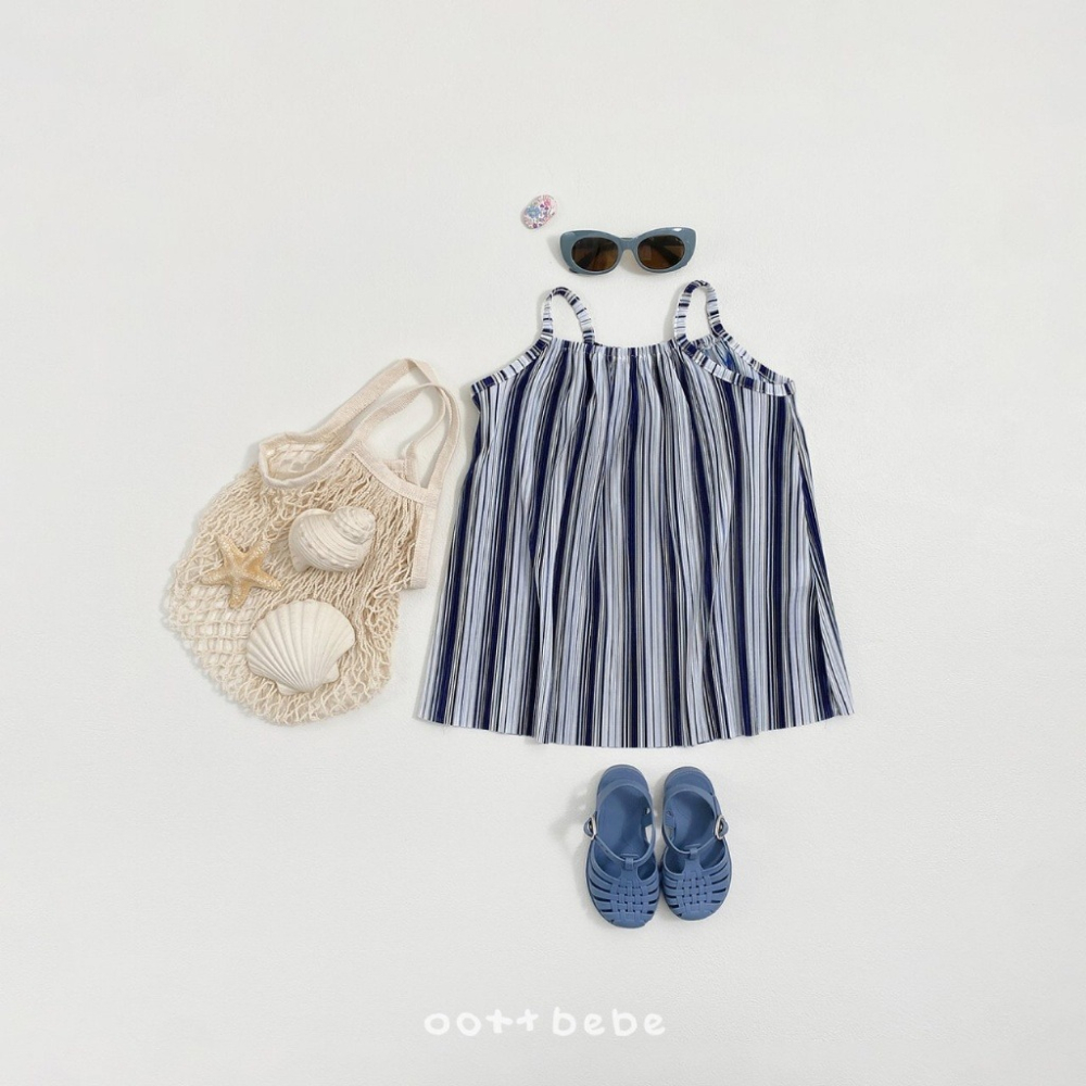 26夏 正韓 OOTTBEBe｜Soft Daily｜皺皺直條 細肩帶洋裝 幼童/Mom款-細節圖3