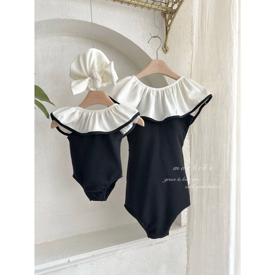 26夏 正韓 MONBEBE｜Little Château 荷葉邊 連身泳衣 幼童、Mom款-細節圖3