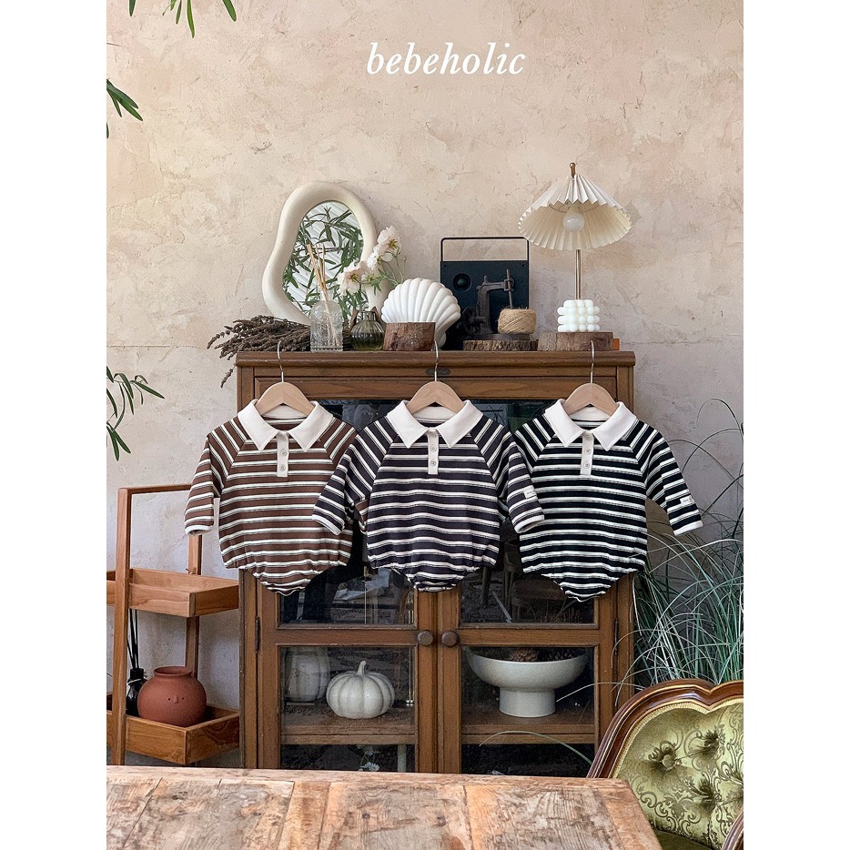 【26秋 】正韓 Bebeholic | 暖暖擁抱 條紋polo 包屁衣-細節圖2