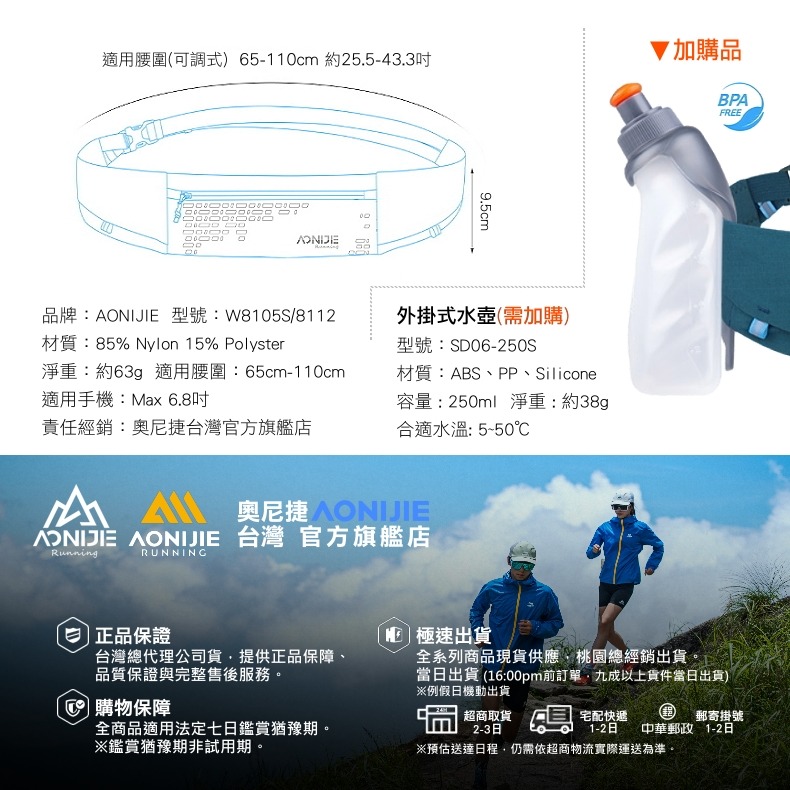 AONIJIE奧尼捷 速捷專業運動腰包 【台灣官方旗艦店】 跑步腰包 彈力大容量 路跑 馬拉松 健身 戶外出國 隱形腰包-細節圖9