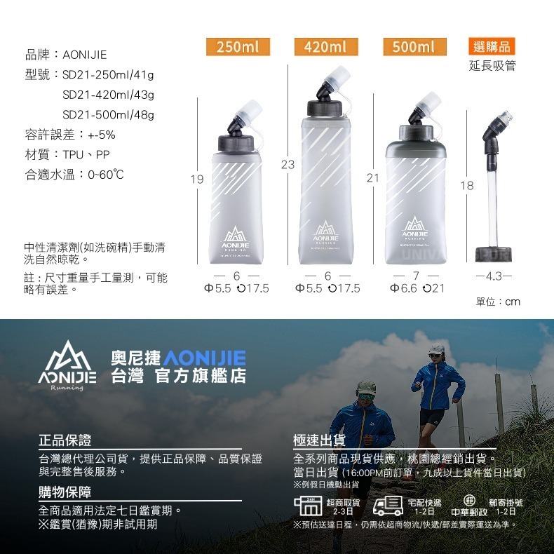 AONIJIE奧尼捷 暢跑軟式運動水壺 【台灣官方旗艦店】250/420/500ml 軟水壺 越野路跑水袋 折疊水壺水瓶-細節圖9