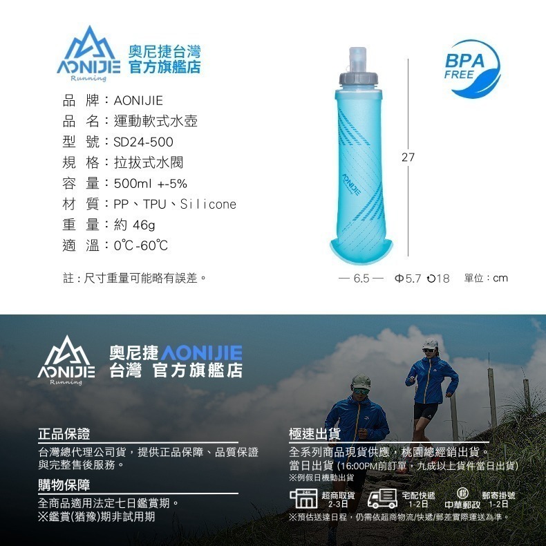 AONIJIE奧尼捷 樂跑2軟式運動水壺 【台灣官方旗艦店】500ml提壓 軟水壺 折疊 水瓶 路跑越野背包水壺-細節圖9