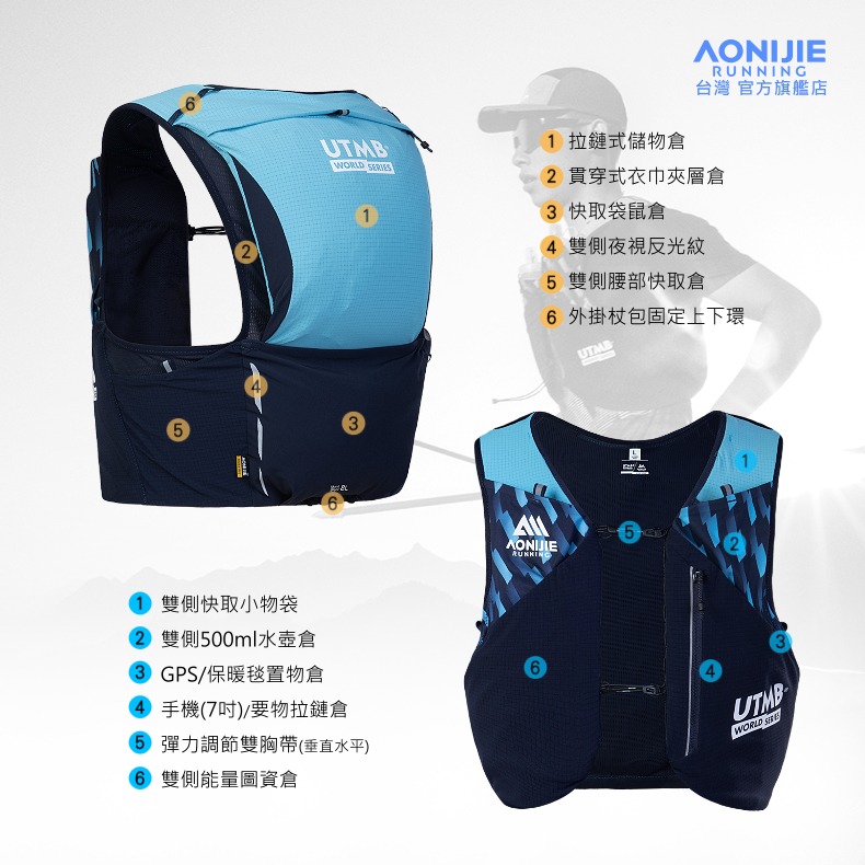 AONIJIE奧尼捷 UTMB聯名8L越野背包 【台灣官方旗艦店】運動背包 跑步背包 野跑包 野跑背心 野跑背包 攻頂包-細節圖7