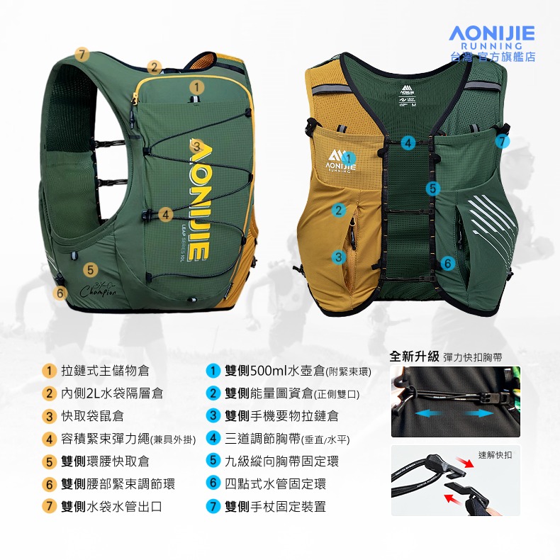 AONIJIE奧尼捷 躍捷S運動背包 【台灣官方旗艦店】10L 跑步背包 越野背包 水袋背包 水袋背心 野跑包登山攻頂包-細節圖5