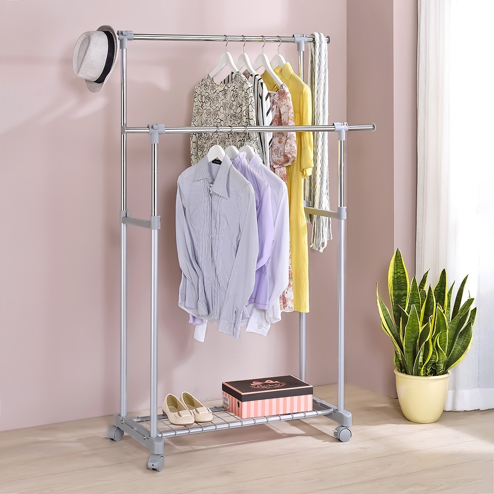 【AAA】多功能置物雙桿伸縮衣架 - 附可煞式活動輪-細節圖2