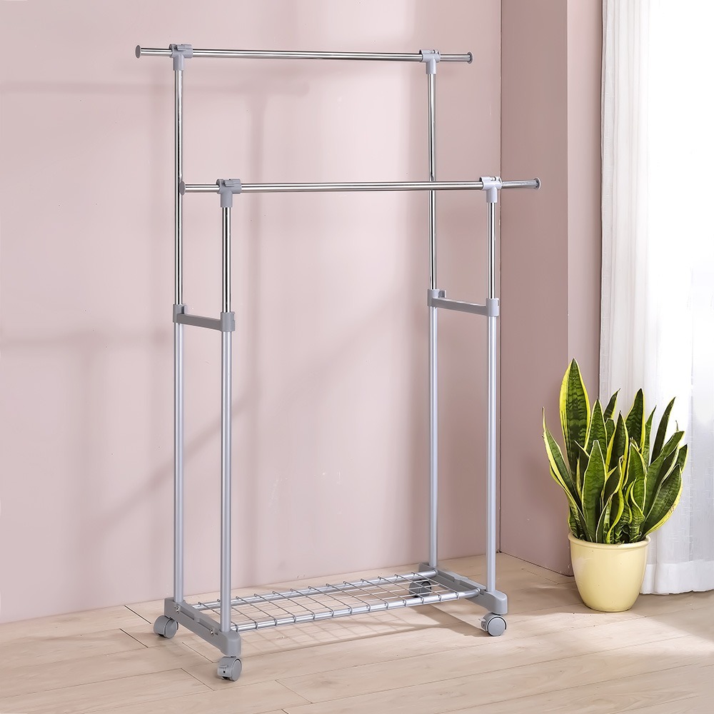 【AAA】多功能置物雙桿伸縮衣架 - 附可煞式活動輪-細節圖3