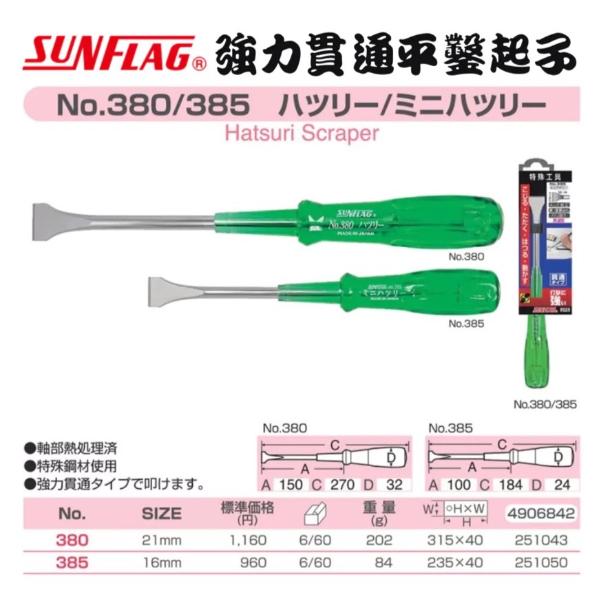 【松駿小舖】含稅 日本製 SUNFLAG 新龜 強力貫通平鑿 起子 NO.380 NO.385 大平 小平 貫通起子-細節圖4