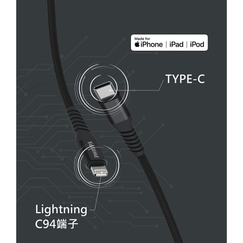 『燈后』PHILIPS 飛利浦 Type-C to Lightning手機充電線 MIF認證 蘋果充電線DLC4551V-細節圖4
