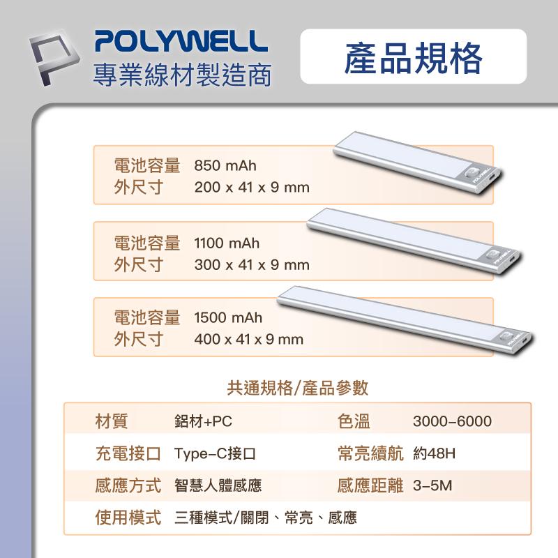 台灣現貨 POLYWELL 寶利威爾 磁吸式 LED 感應燈 超薄型設計 USB-C充電 人體感應 3種色溫 光線柔和-細節圖9