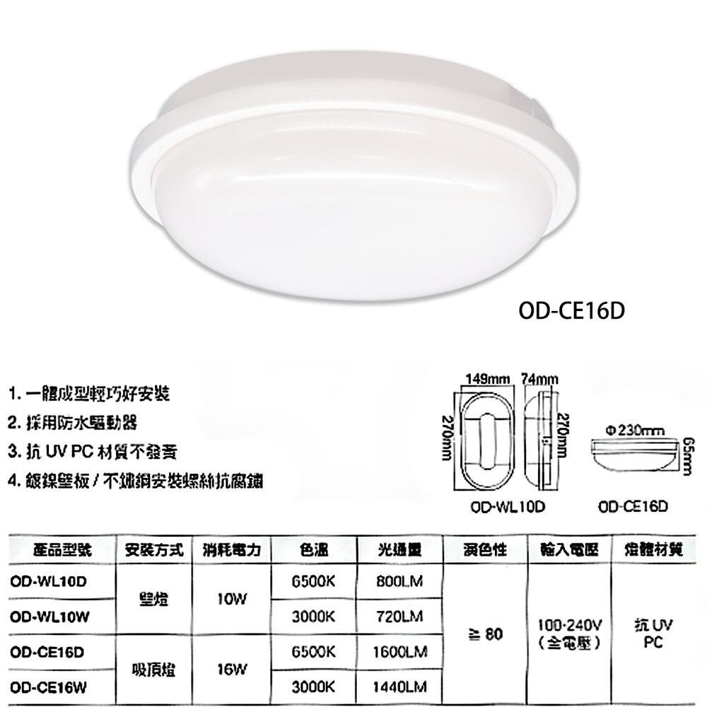 舞光 附發票 LED 16W 防水膠囊 壁燈 吸頂燈 IP66 防護抗UV 黃光白光 OD-CE16D 防潮 防水-細節圖3