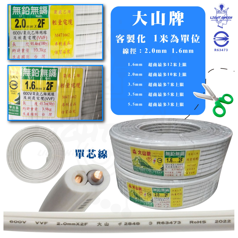 [售價以米為單位] 大山牌 白扁線 1.6mm電線 2.0mm電線 2芯白扁線 電線 零散裁切 單芯線 銅線-細節圖7