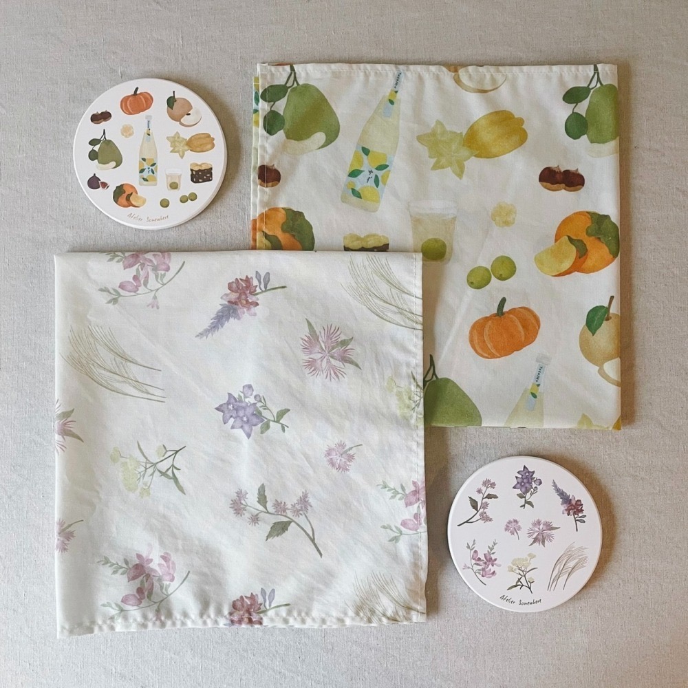 【中秋限定】秋日午茶、秋夜賞月杯墊方巾組 (加贈扇子)-細節圖2