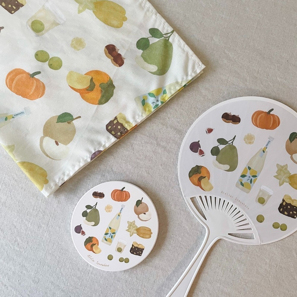 B) 秋夜賞月組 - 豐收果實款杯墊、方巾