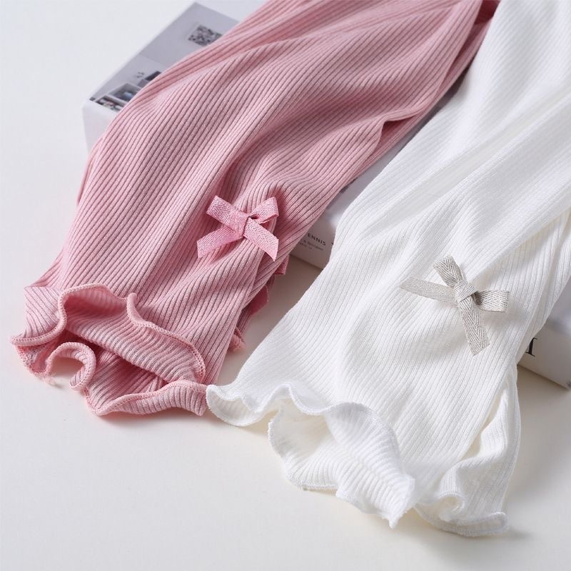 女童莫代爾棉打底褲 夏季薄款彈力螺紋木耳邊蝴蝶結內搭九分褲(小童、大童尺寸齊全100-160碼)-細節圖2