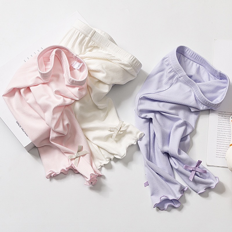 女童莫代爾棉打底褲 夏季薄款彈力螺紋木耳邊蝴蝶結內搭九分褲(小童、大童尺寸齊全100-160碼)-細節圖3