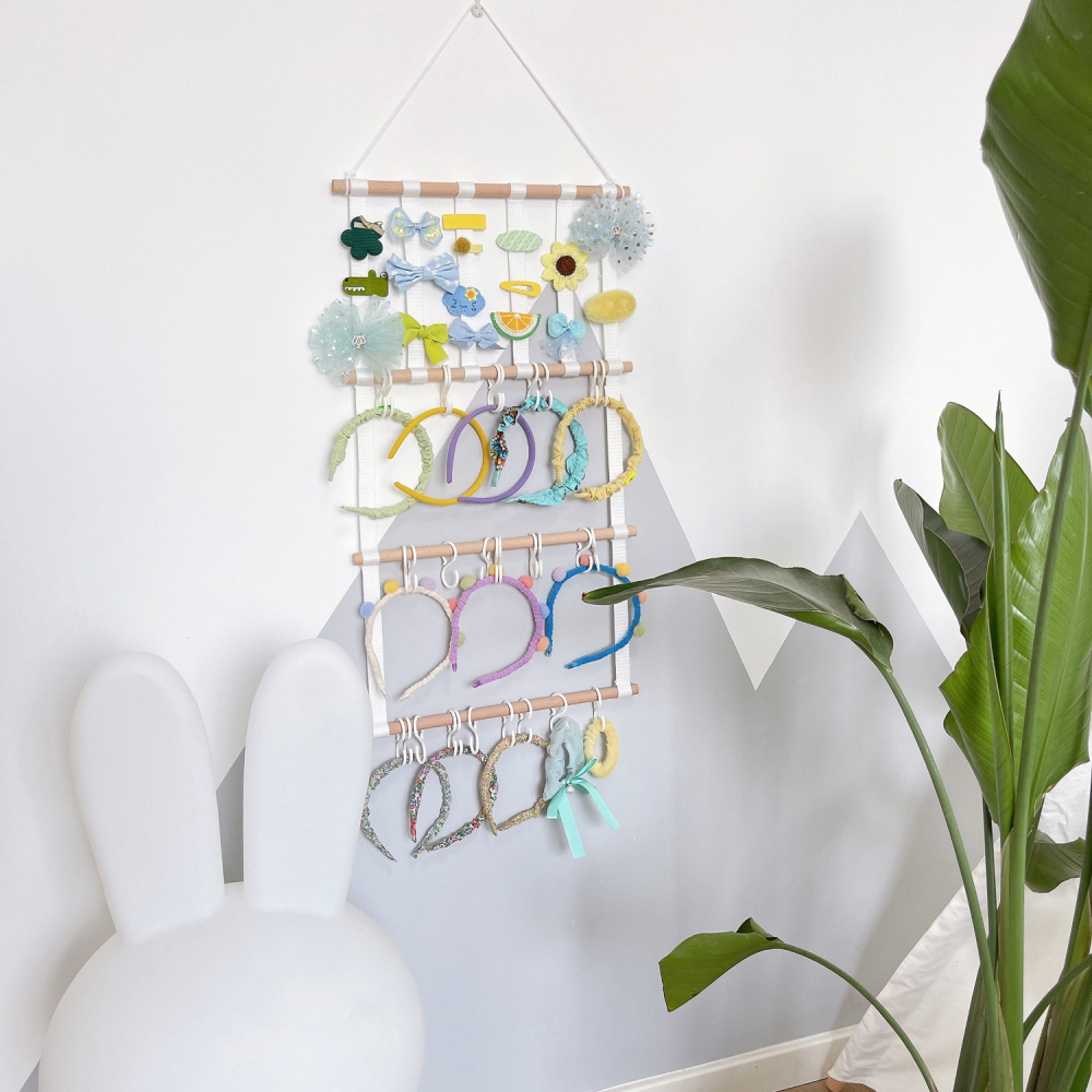 北歐風織帶木棍壁掛收納帶 兒童髮夾髮飾簡約收納帶 (可拆調整間距)-細節圖2