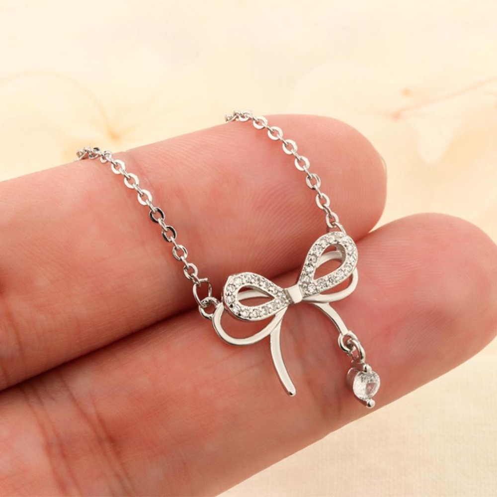 【43小舖】925純銀 雙層 蝴蝶結 鑲鑽鋯石 項鍊｜S925｜通體純銀｜頸鍊｜鎖骨鍊｜飾品｜銀飾｜送拭銀布-細節圖5