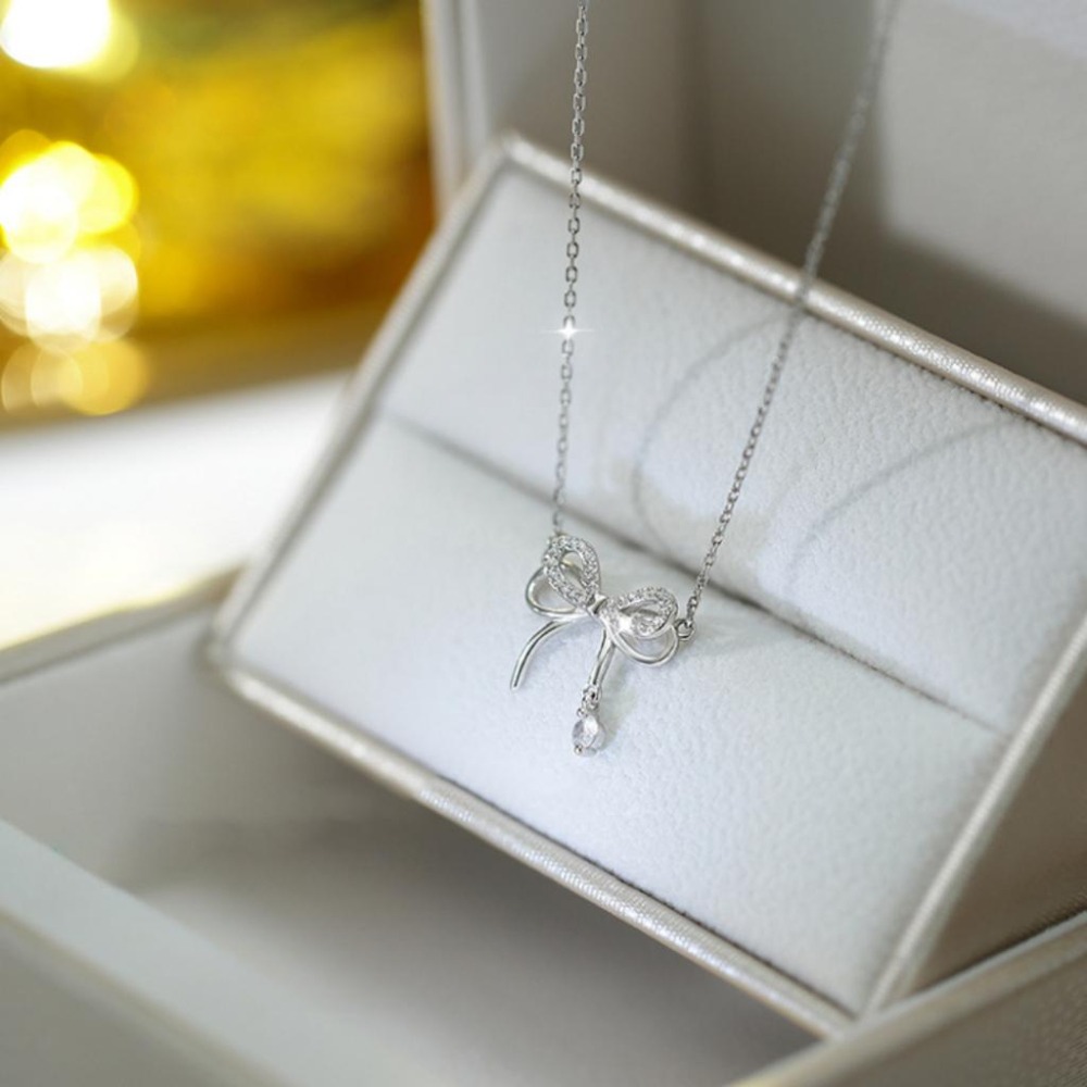 【43小舖】925純銀 雙層 蝴蝶結 鑲鑽鋯石 項鍊｜S925｜通體純銀｜頸鍊｜鎖骨鍊｜飾品｜銀飾｜送拭銀布-細節圖8