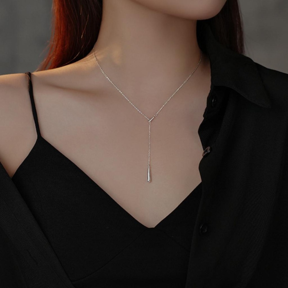【43小舖】999足銀 y字流蘇 水滴 可調節 項鍊｜S999｜通體純銀｜純銀｜頸鍊｜鎖骨鍊｜飾品｜銀飾｜送拭銀布-細節圖3
