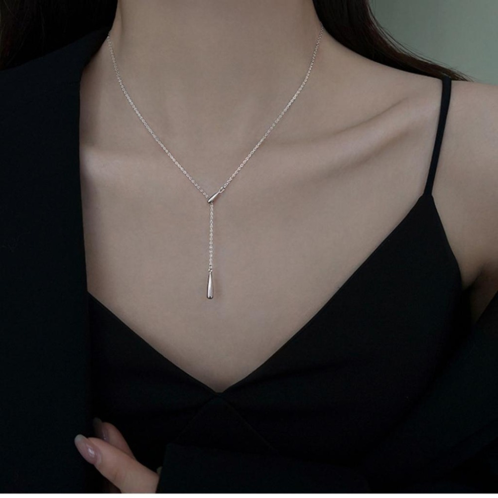 【43小舖】999足銀 y字流蘇 水滴 可調節 項鍊｜S999｜通體純銀｜純銀｜頸鍊｜鎖骨鍊｜飾品｜銀飾｜送拭銀布-細節圖4