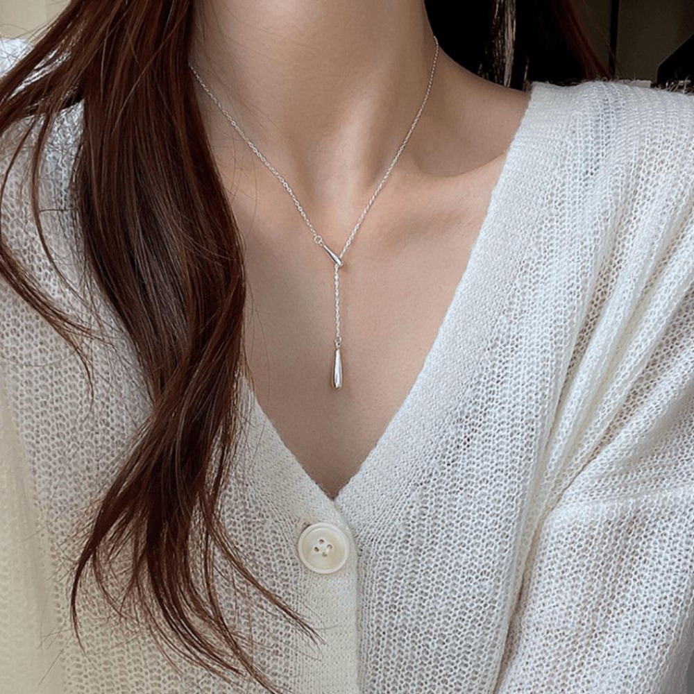 【43小舖】999足銀 y字流蘇 水滴 可調節 項鍊｜S999｜通體純銀｜純銀｜頸鍊｜鎖骨鍊｜飾品｜銀飾｜送拭銀布-細節圖5