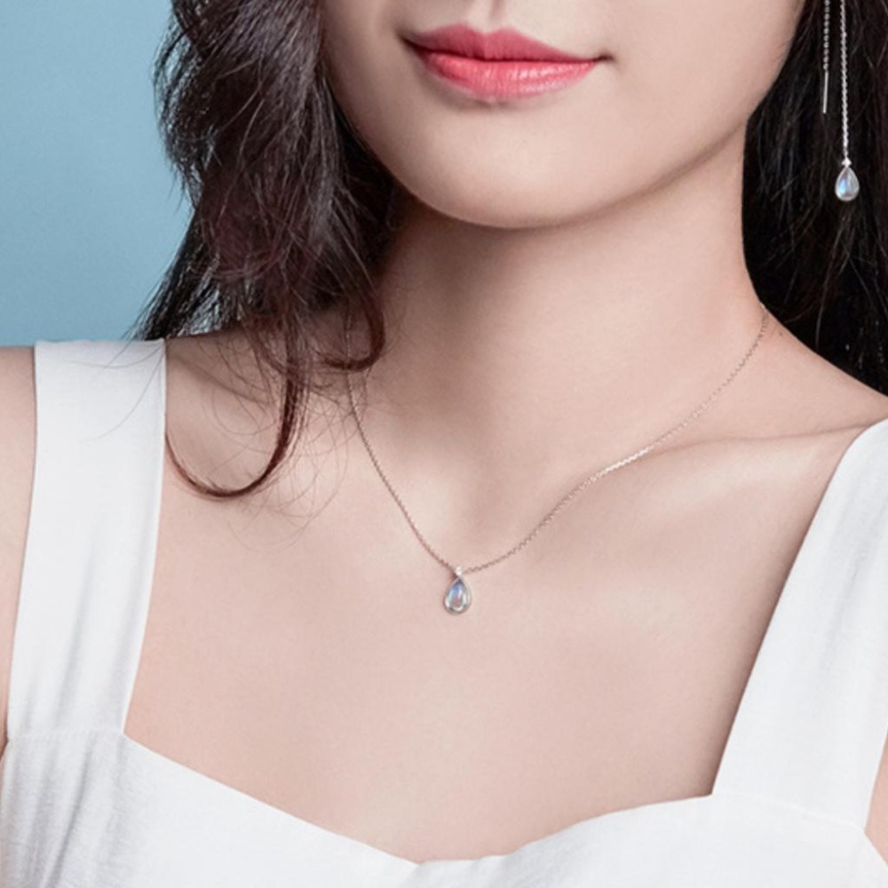 【43小舖】925純銀 水滴月光石 人魚海洋之心 漸變炫彩 項鍊｜S925｜通體純銀｜頸鍊｜鎖骨鍊｜飾品｜銀飾｜送拭銀布-細節圖4