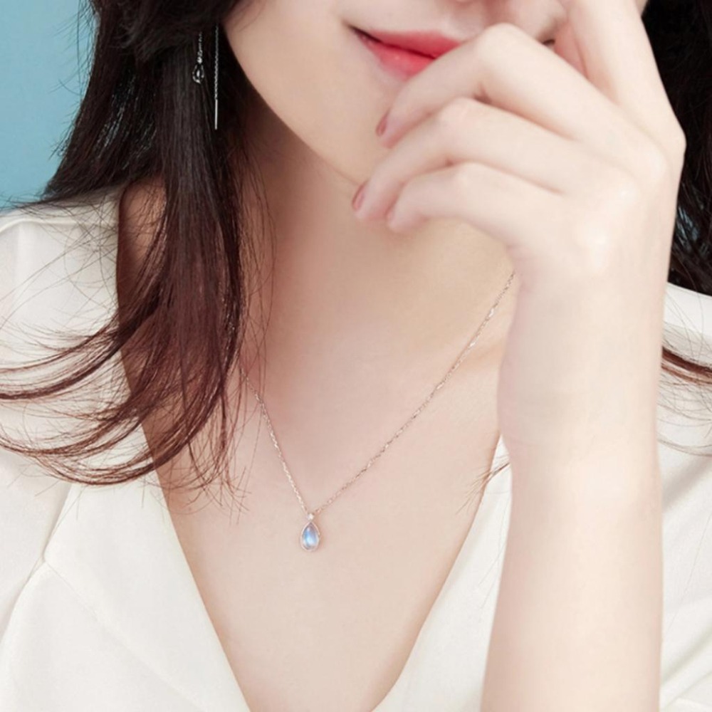 【43小舖】925純銀 水滴月光石 人魚海洋之心 漸變炫彩 項鍊｜S925｜通體純銀｜頸鍊｜鎖骨鍊｜飾品｜銀飾｜送拭銀布-細節圖5