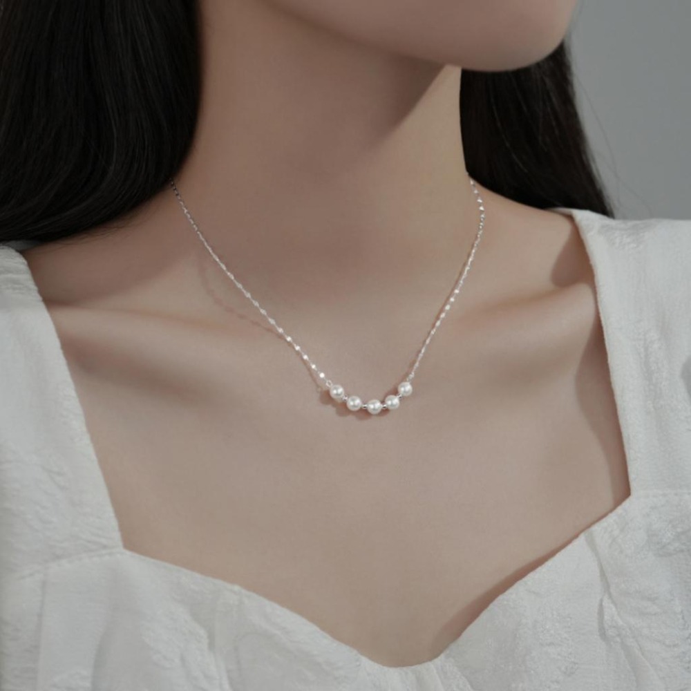 【43小舖】925純銀 天然珍珠 圓珠串珠 波光粼粼 項鍊｜S925｜通體純銀｜頸鍊｜鎖骨鍊｜飾品｜珍珠項鍊｜送拭銀布-細節圖3