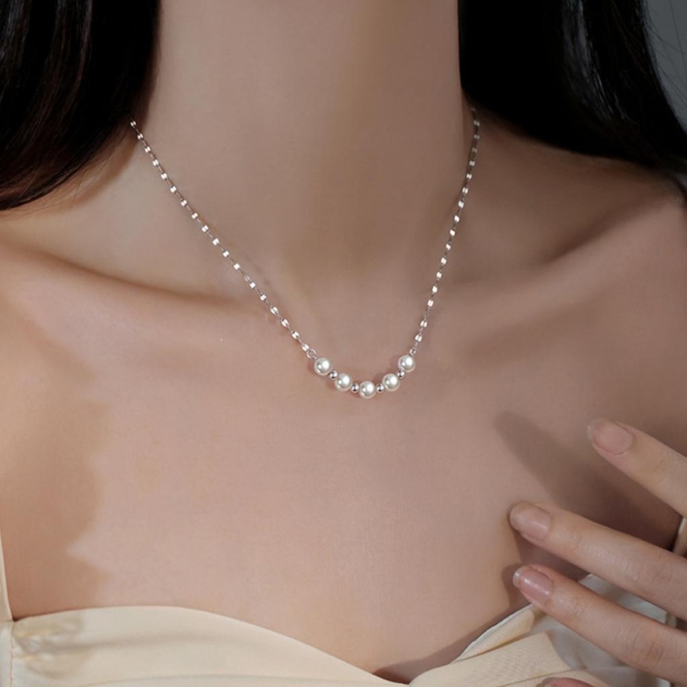【43小舖】925純銀 天然珍珠 圓珠串珠 波光粼粼 項鍊｜S925｜通體純銀｜頸鍊｜鎖骨鍊｜飾品｜珍珠項鍊｜送拭銀布-細節圖4