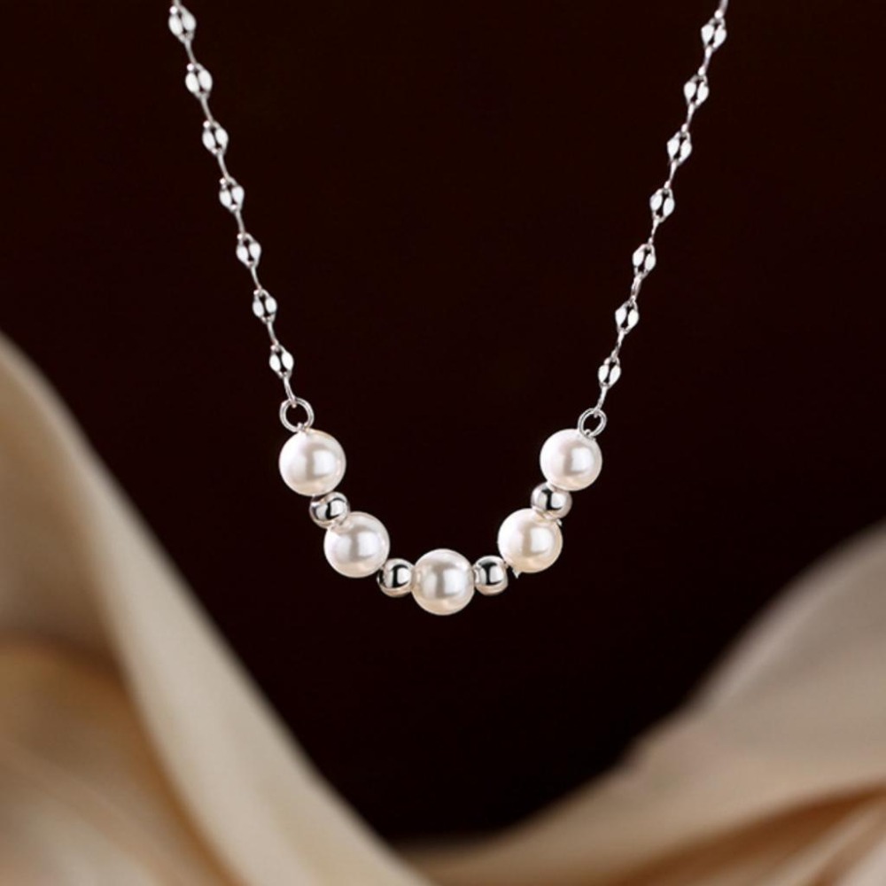 【43小舖】925純銀 天然珍珠 圓珠串珠 波光粼粼 項鍊｜S925｜通體純銀｜頸鍊｜鎖骨鍊｜飾品｜珍珠項鍊｜送拭銀布-細節圖7