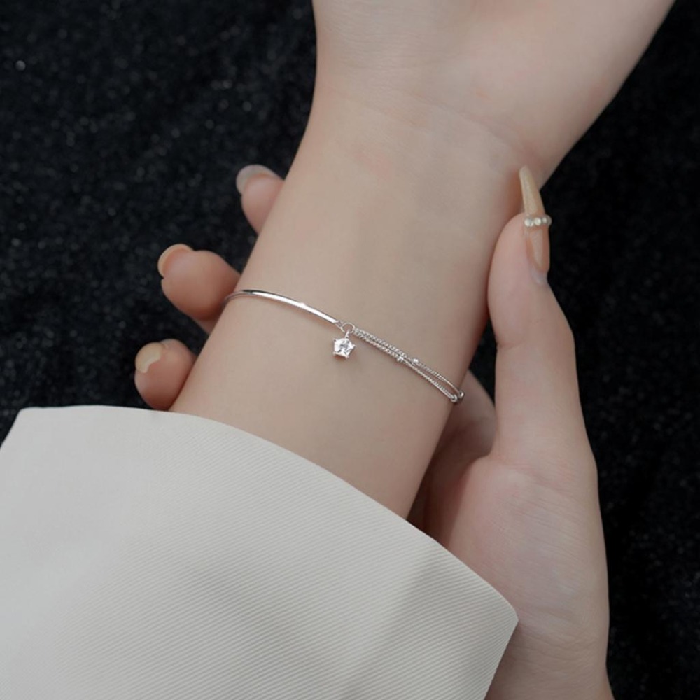 【43小舖】925純銀 雙層銀珠 鏈條拼接銀環 單鑽五角星星 手鍊｜S925｜通體純銀｜手環｜手鏈｜手飾｜飾品｜送拭銀布-細節圖3